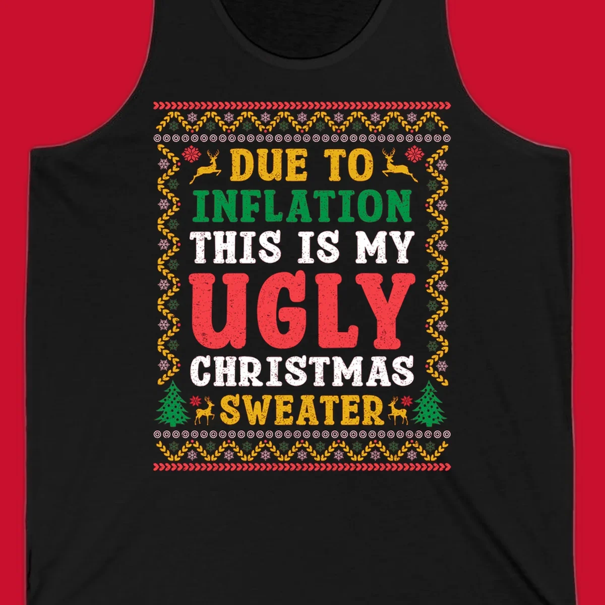 Ugly Christmas sweater design with text about inflation, featuring holiday graphics.