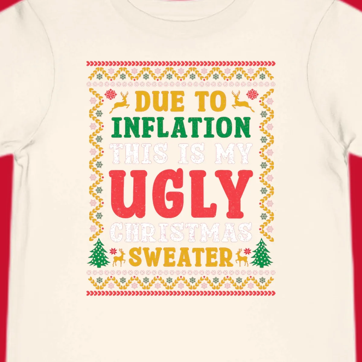 Ugly Christmas sweater design with text about inflation, featuring holiday graphics.