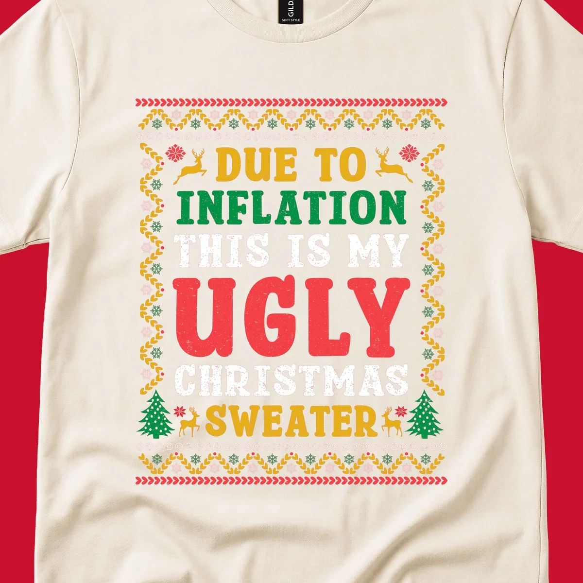 Ugly Christmas sweater design with text about inflation, featuring holiday graphics.
