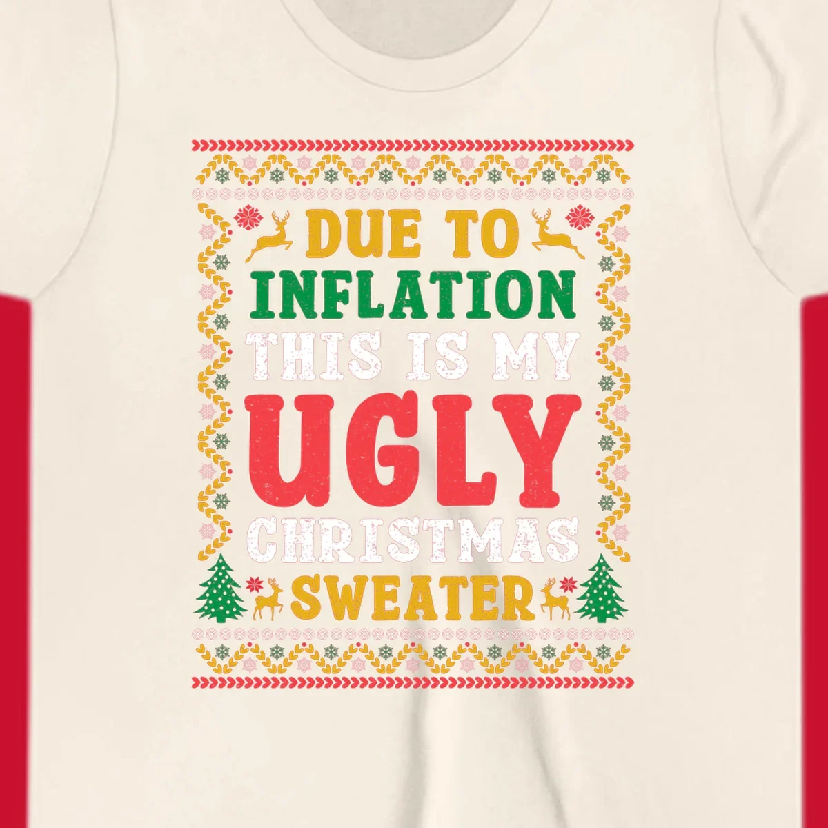Ugly Christmas sweater design with text about inflation, featuring holiday graphics.