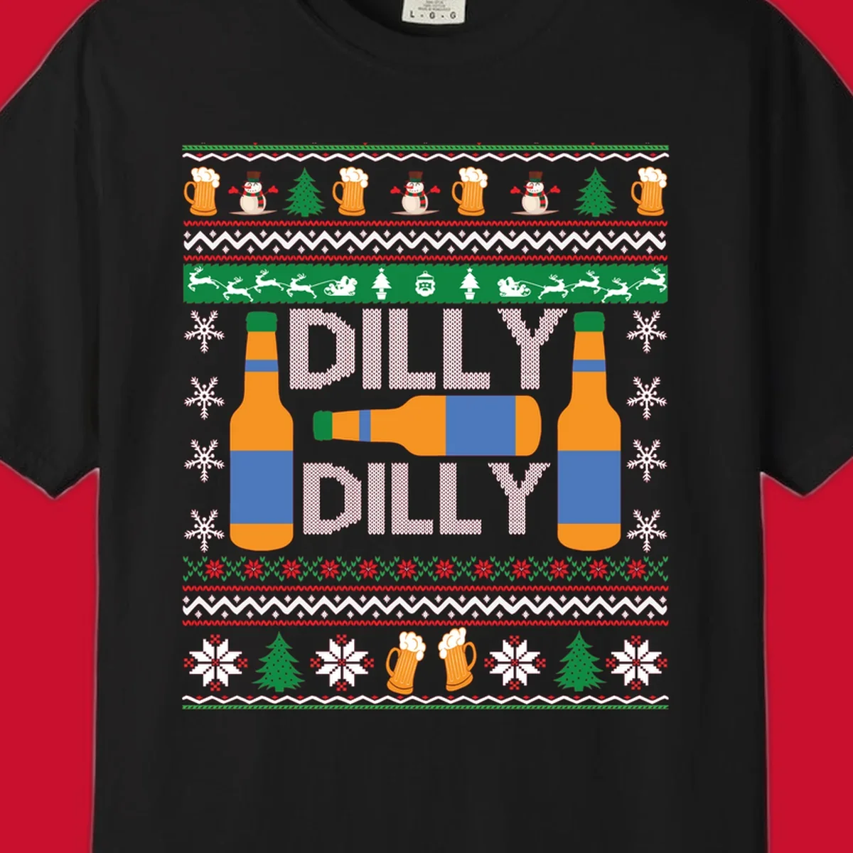 Ugly Christmas sweater design with beer bottles and Dilly Dilly text.