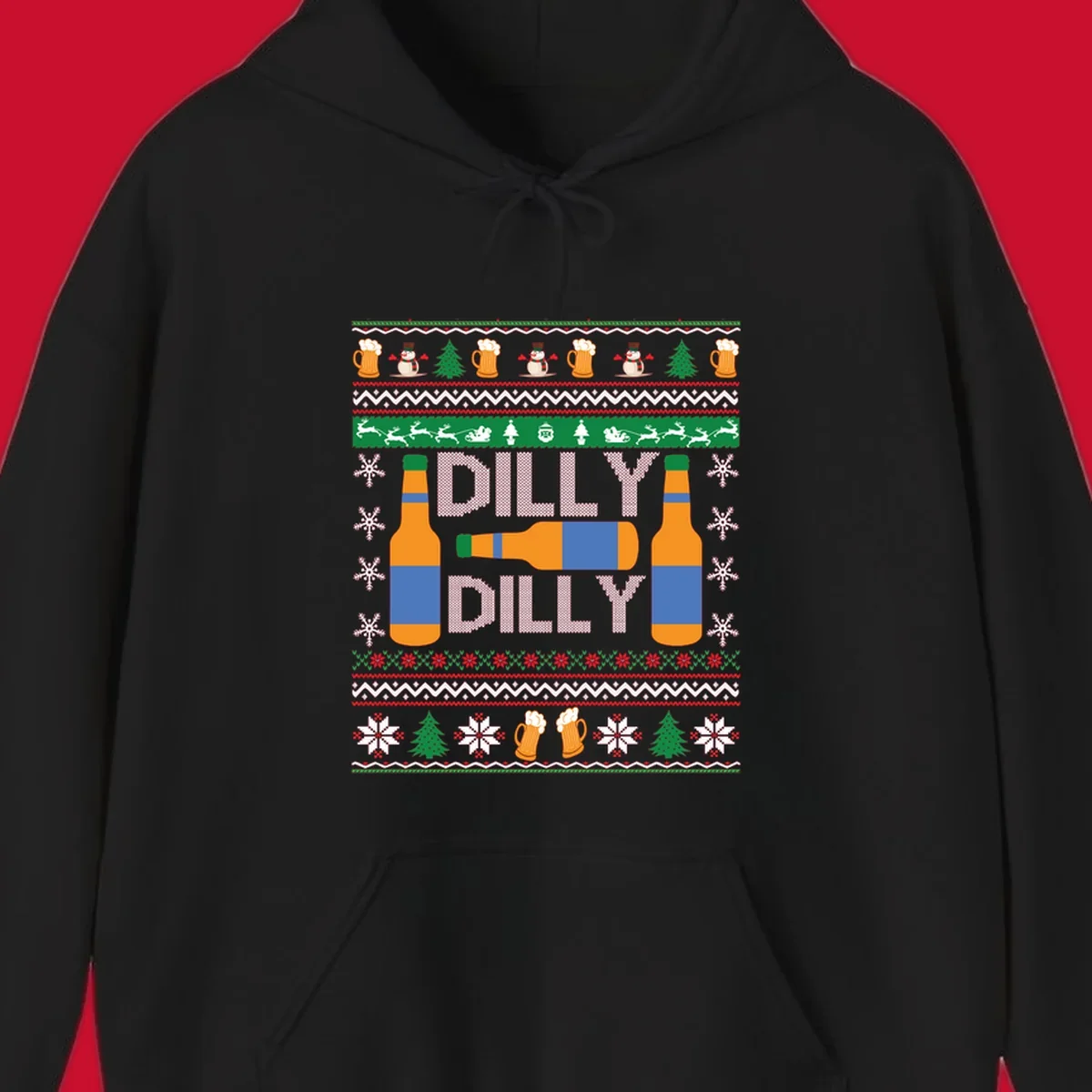 Ugly Christmas sweater design with beer bottles and Dilly Dilly text.