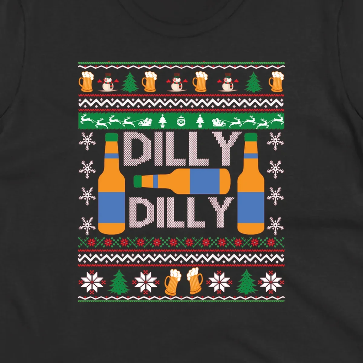 Ugly Christmas sweater design with beer bottles and Dilly Dilly text.