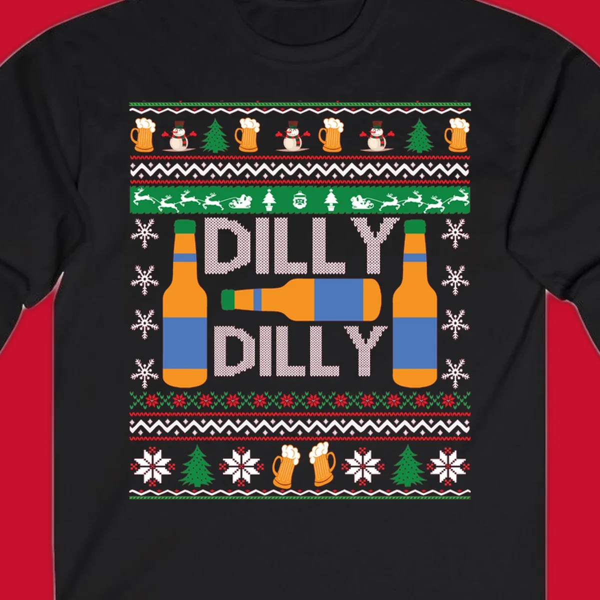 Ugly Christmas sweater design with beer bottles and Dilly Dilly text.