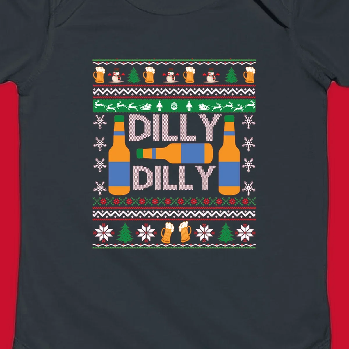 Ugly Christmas sweater design with beer bottles and Dilly Dilly text.