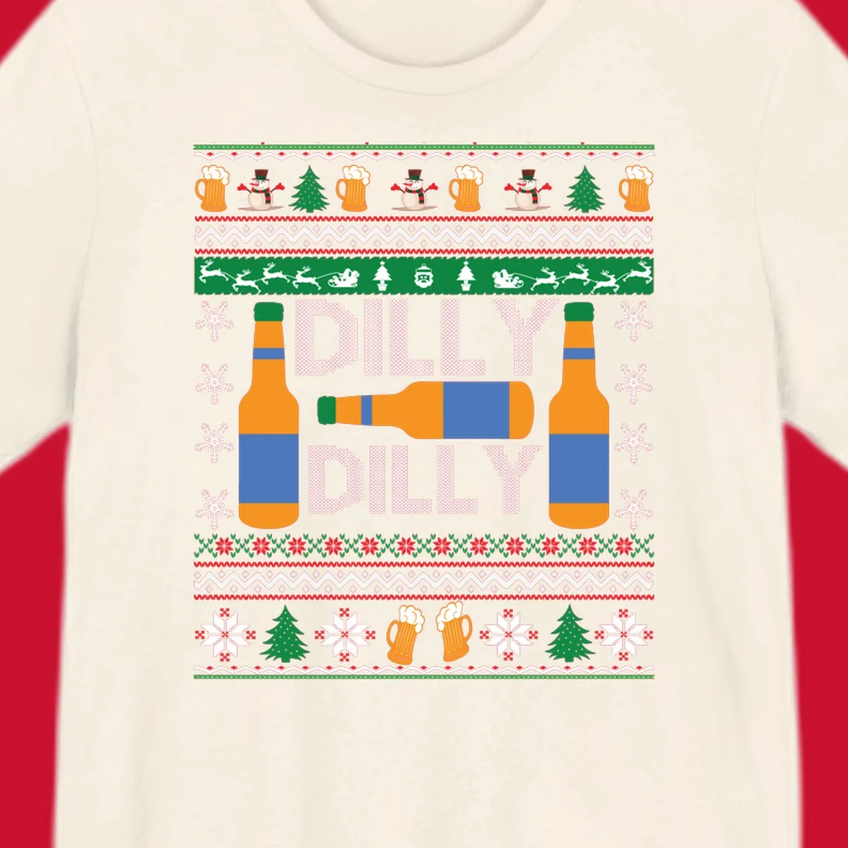 Ugly Christmas sweater design with beer bottles and Dilly Dilly text.