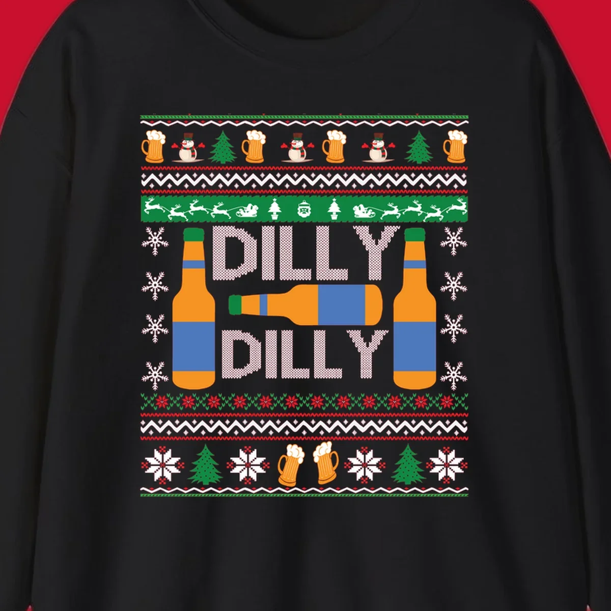 Ugly Christmas sweater design with beer bottles and Dilly Dilly text.