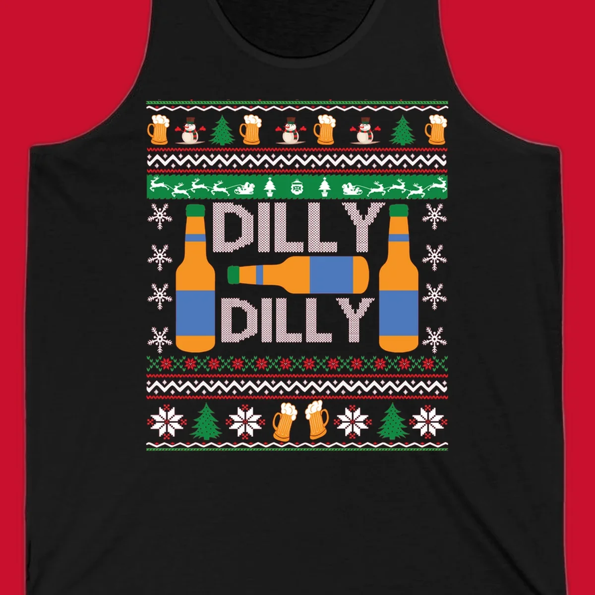 Ugly Christmas sweater design with beer bottles and Dilly Dilly text.