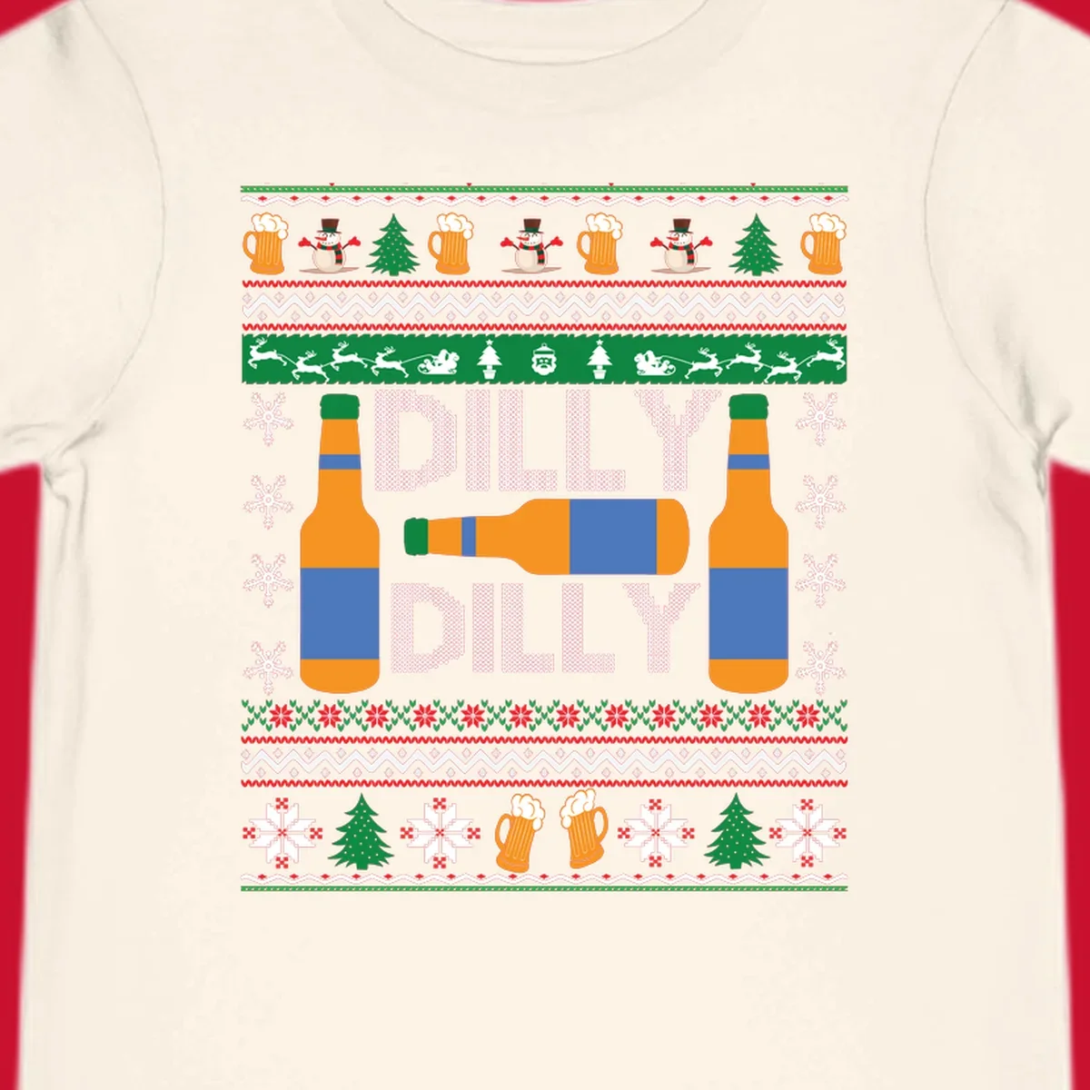Ugly Christmas sweater design with beer bottles and Dilly Dilly text.
