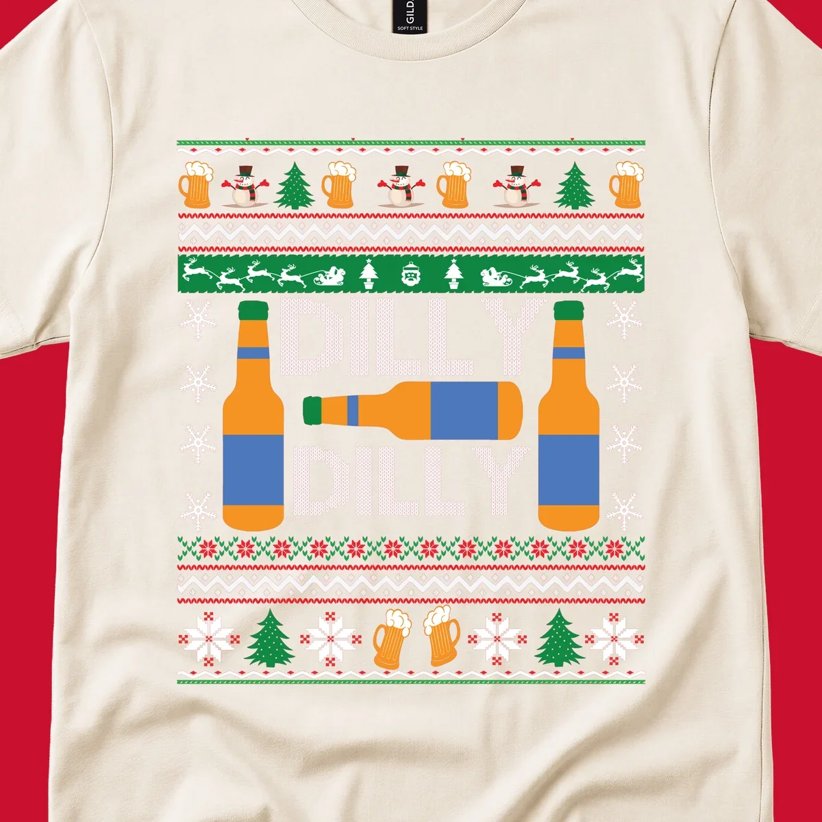 Ugly Christmas sweater design with beer bottles and Dilly Dilly text.