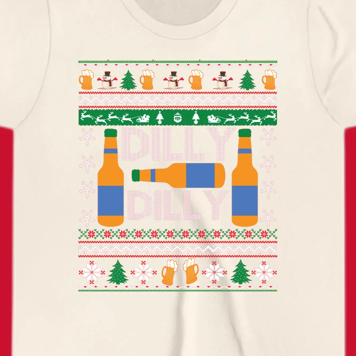 Ugly Christmas sweater design with beer bottles and Dilly Dilly text.