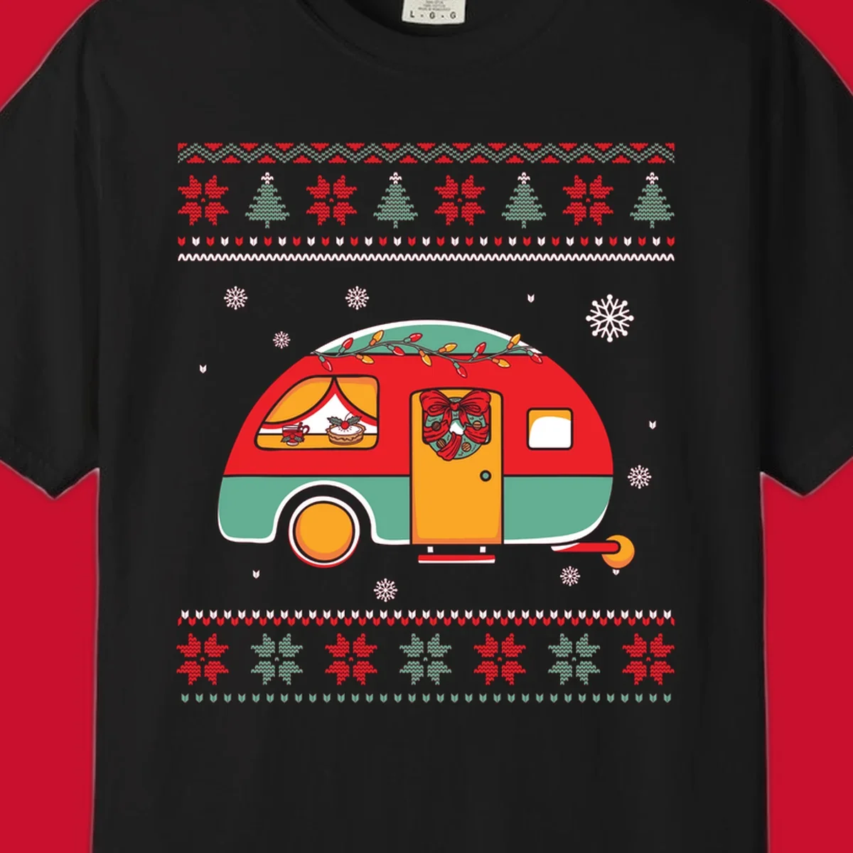 Christmas camper caravan with holiday decorations and ugly sweater pattern border