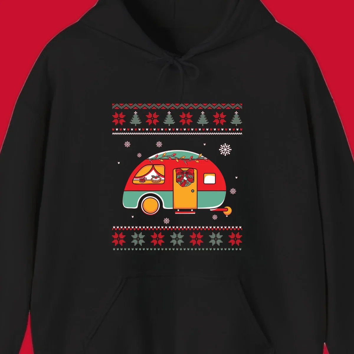 Christmas camper caravan with holiday decorations and ugly sweater pattern border