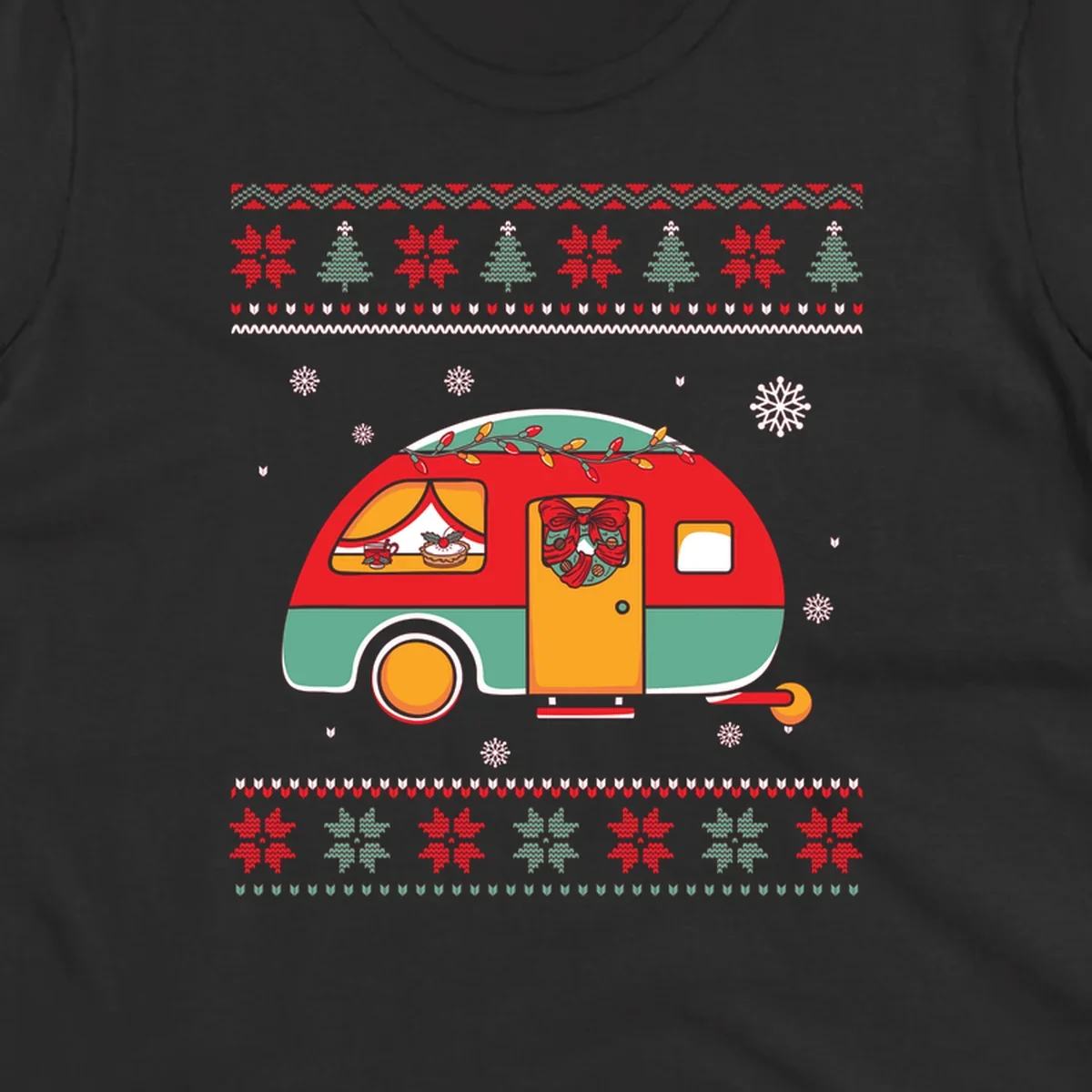 Christmas camper caravan with holiday decorations and ugly sweater pattern border