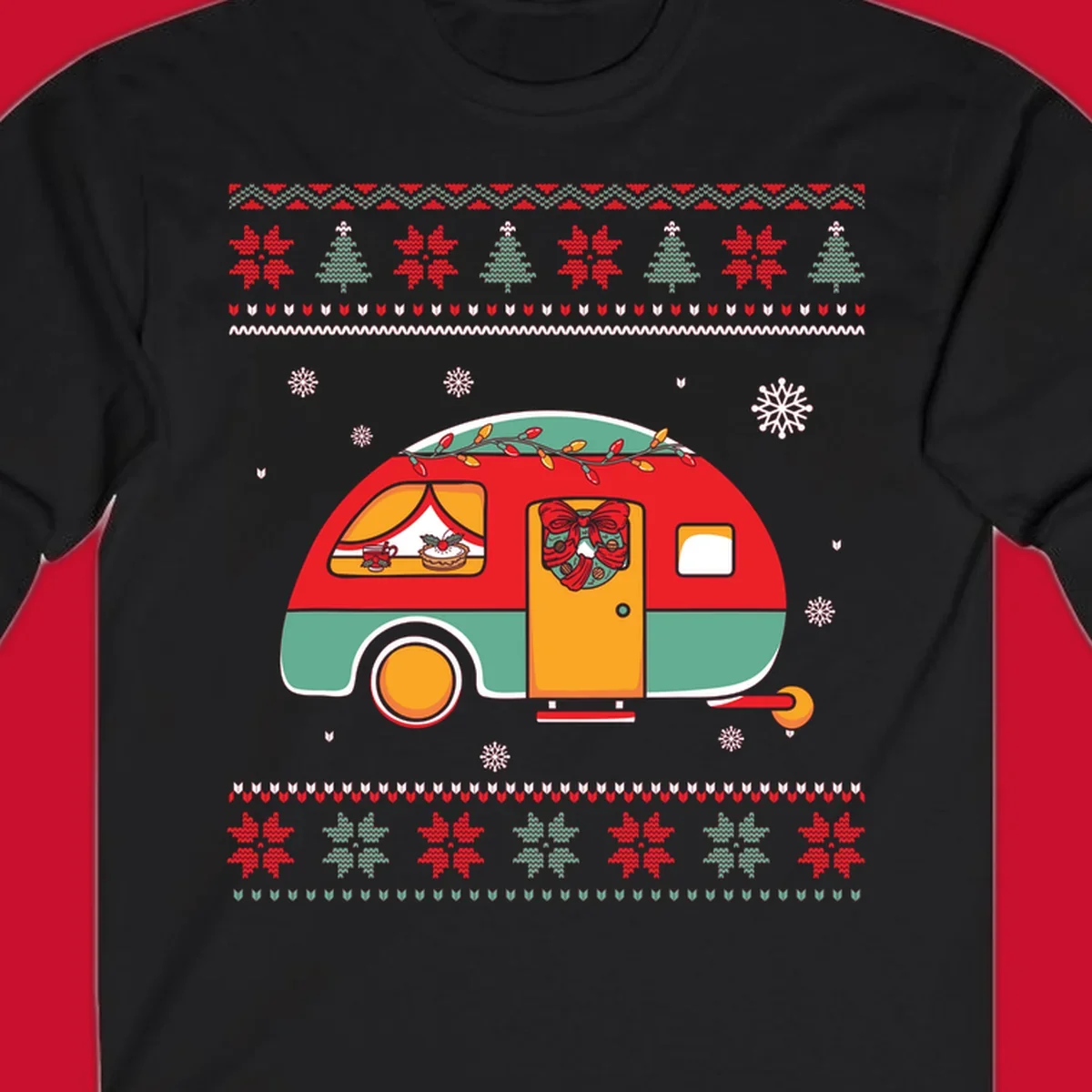 Christmas camper caravan with holiday decorations and ugly sweater pattern border