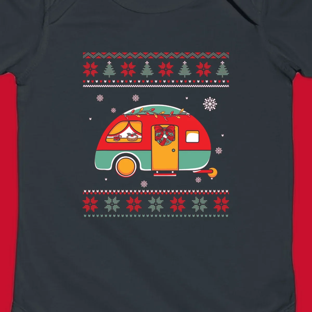 Christmas camper caravan with holiday decorations and ugly sweater pattern border
