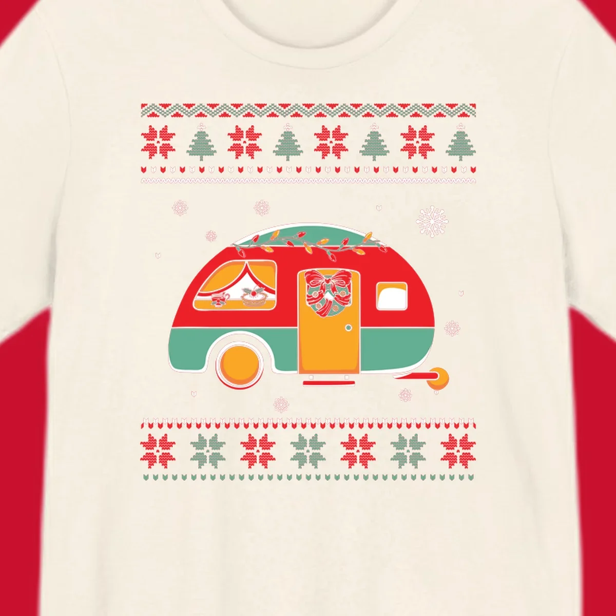 Christmas camper caravan with holiday decorations and ugly sweater pattern border
