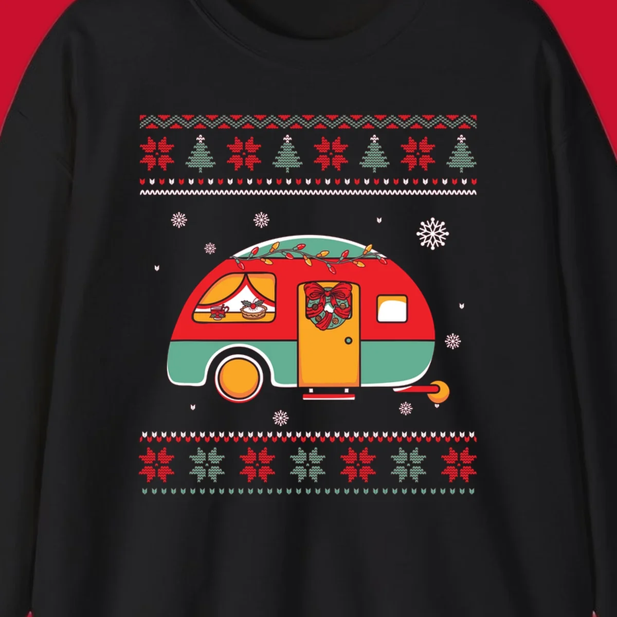 Christmas camper caravan with holiday decorations and ugly sweater pattern border