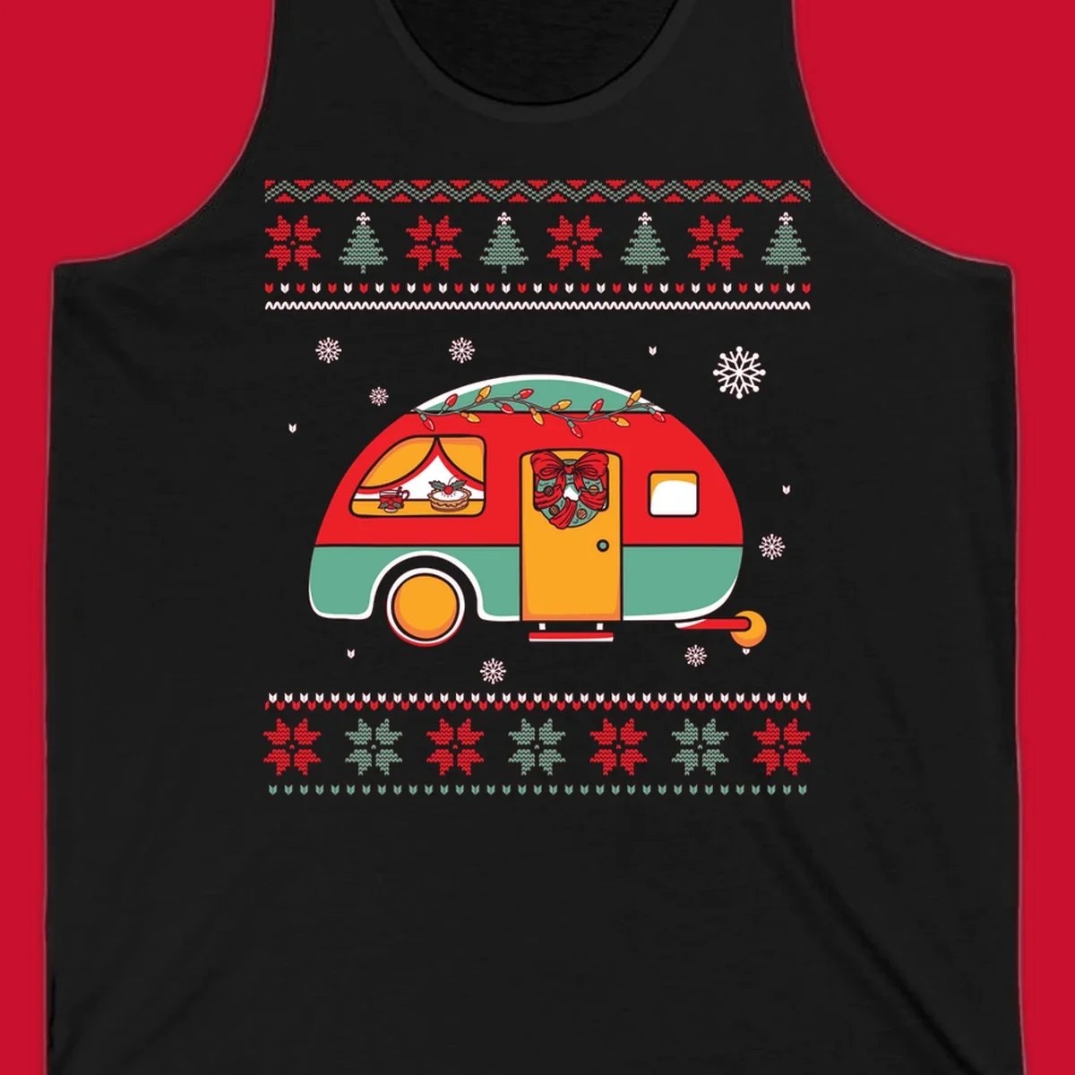 Christmas camper caravan with holiday decorations and ugly sweater pattern border
