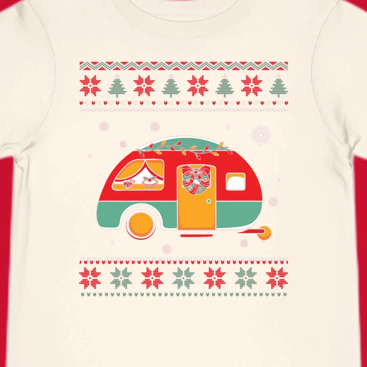 Christmas camper caravan with holiday decorations and ugly sweater pattern border