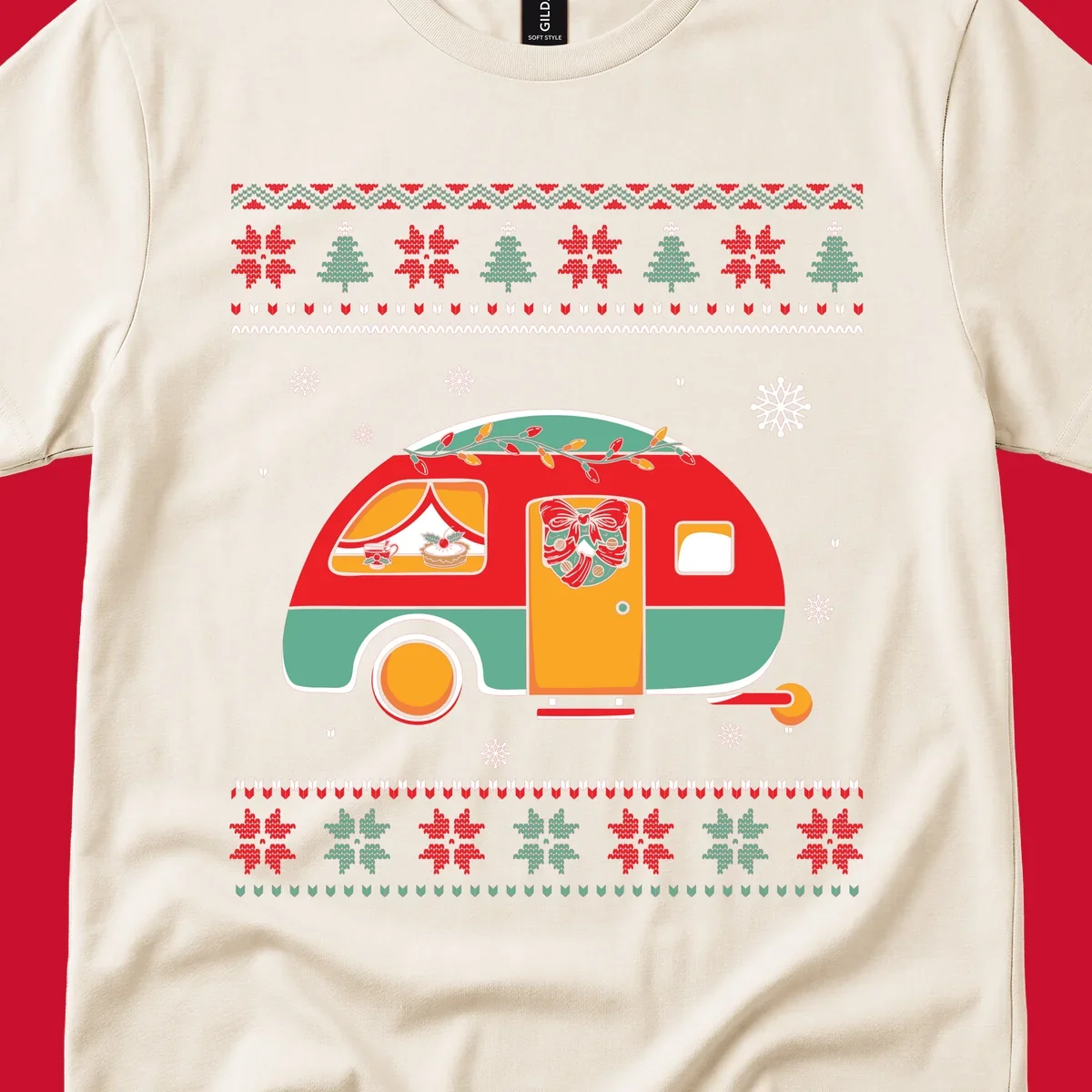 Christmas camper caravan with holiday decorations and ugly sweater pattern border