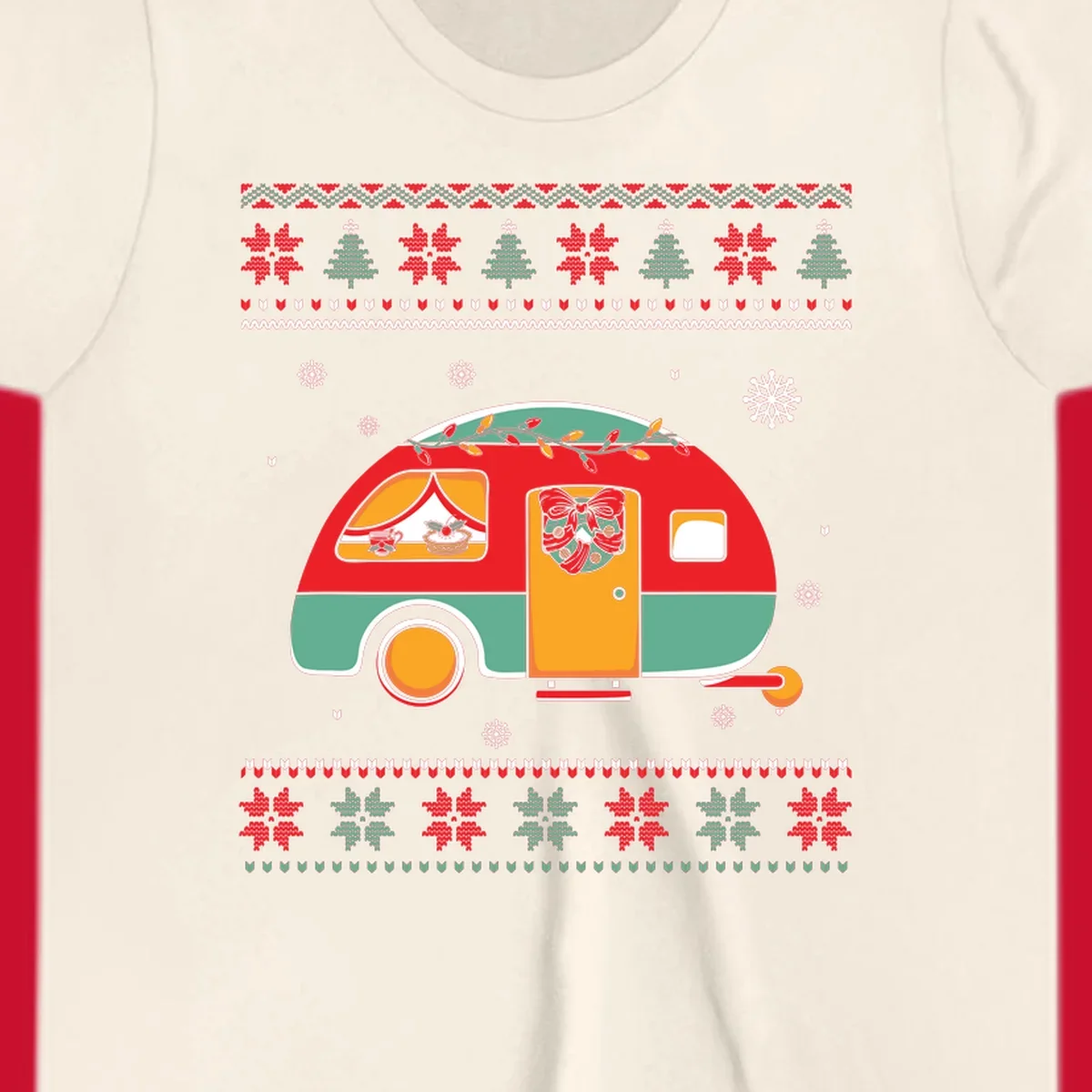Christmas camper caravan with holiday decorations and ugly sweater pattern border