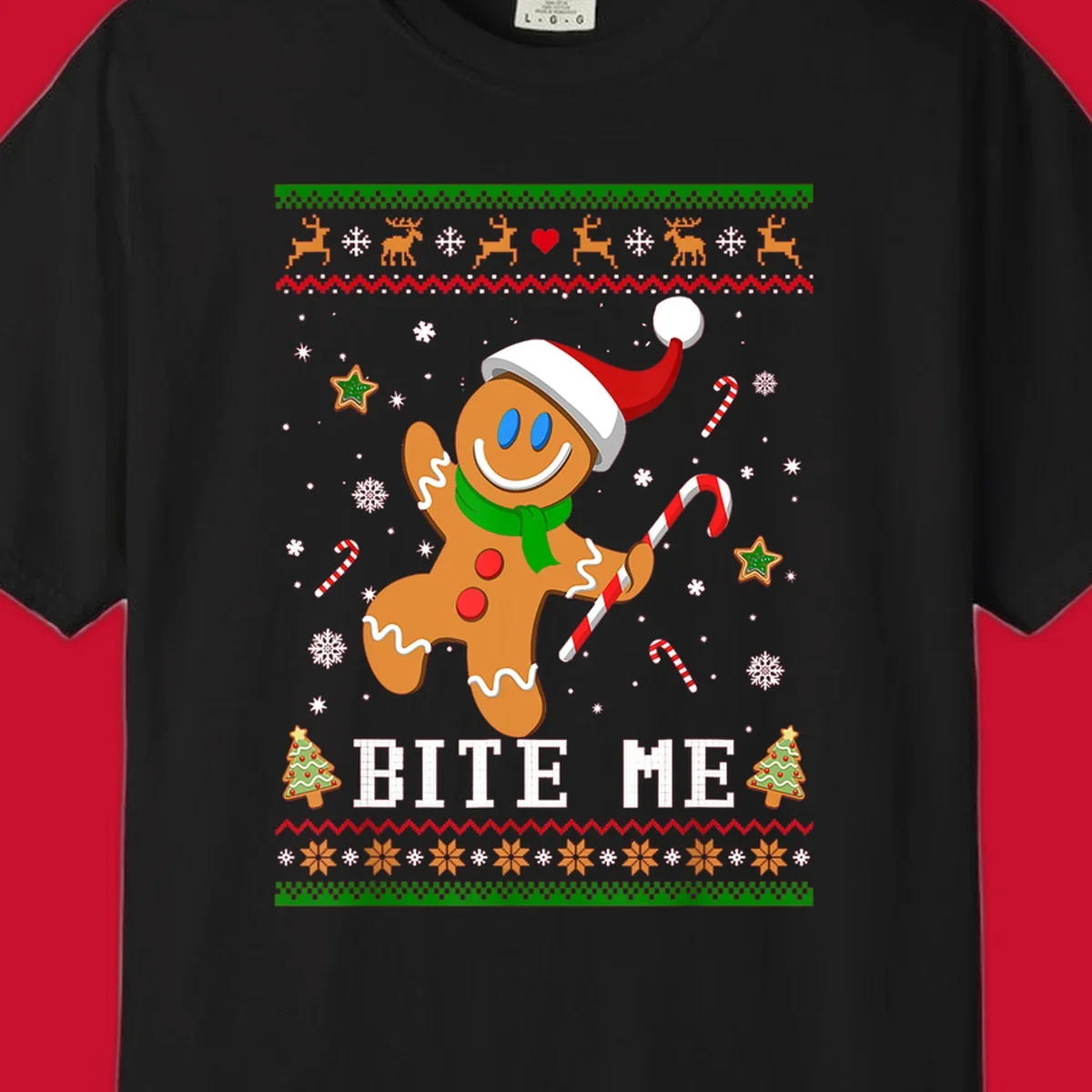Gingerbread man with santa hat and candy cane, text 'BITE ME', Christmas holiday design.