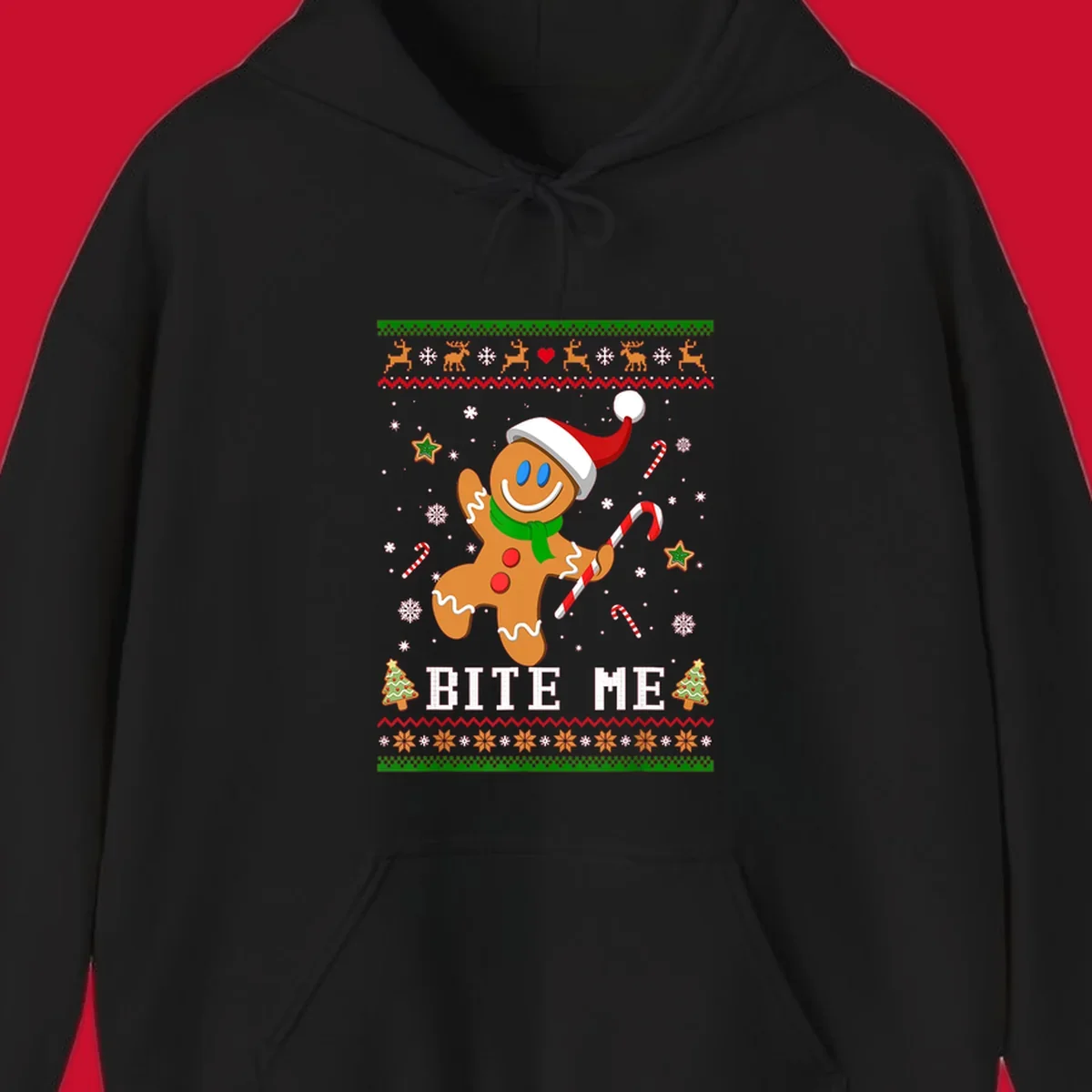 Gingerbread man with santa hat and candy cane, text 'BITE ME', Christmas holiday design.