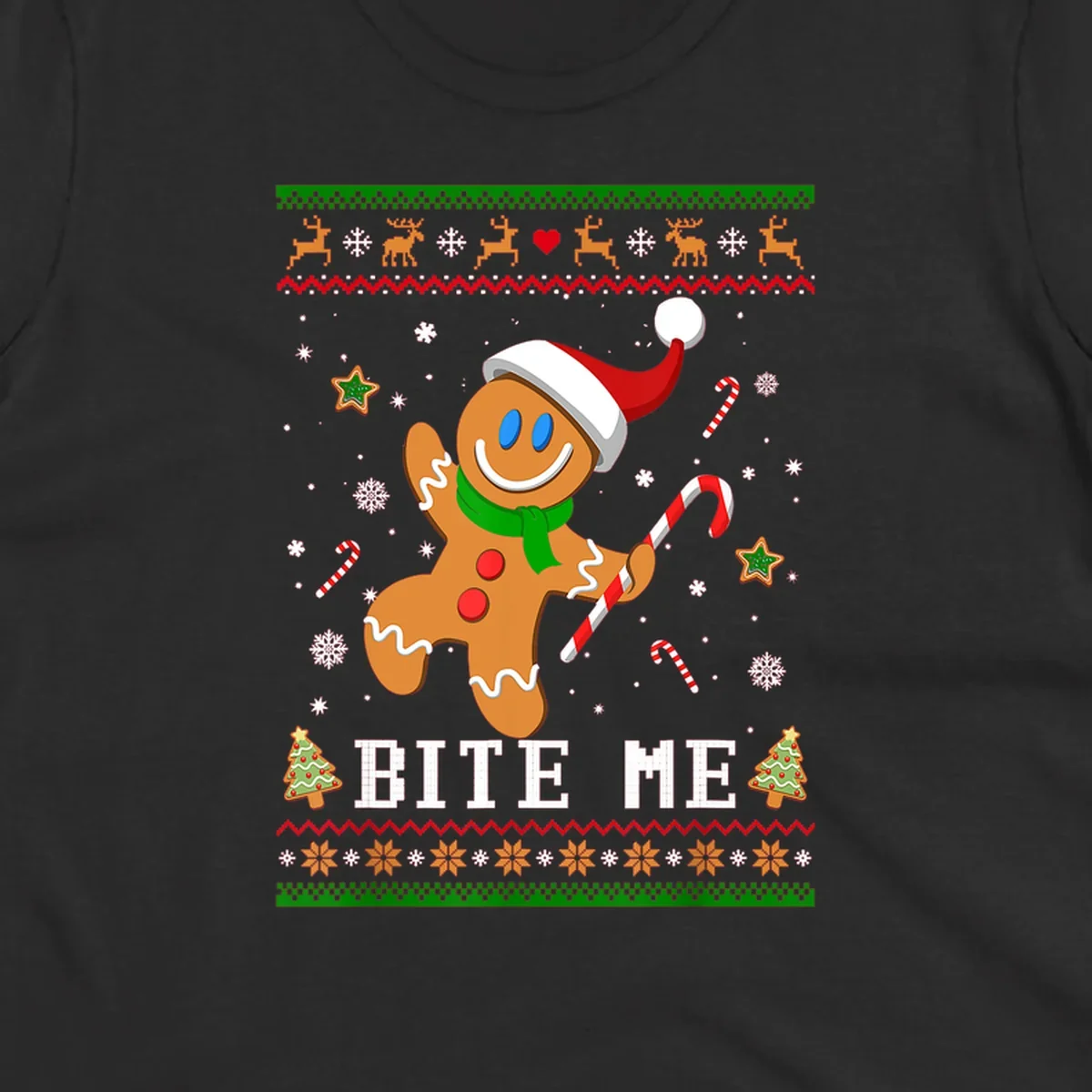Gingerbread man with santa hat and candy cane, text 'BITE ME', Christmas holiday design.