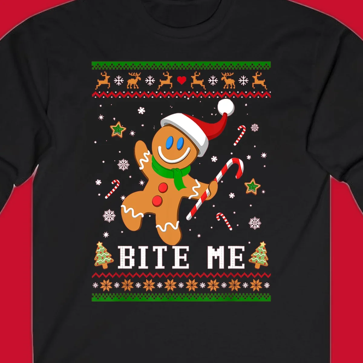 Gingerbread man with santa hat and candy cane, text 'BITE ME', Christmas holiday design.