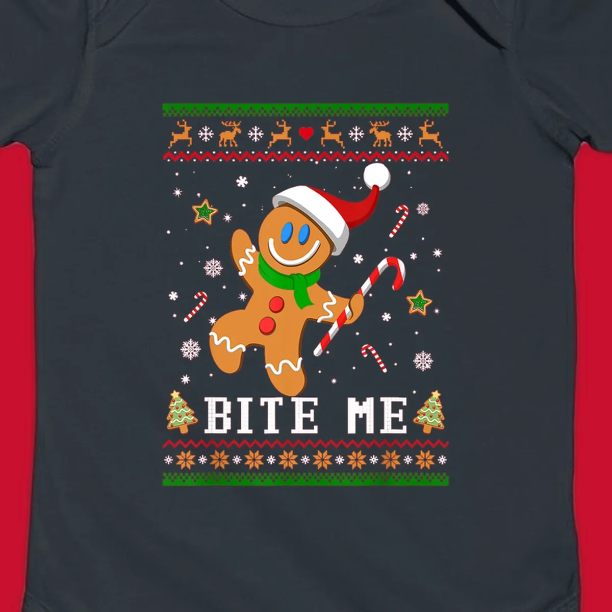 Gingerbread man with santa hat and candy cane, text 'BITE ME', Christmas holiday design.