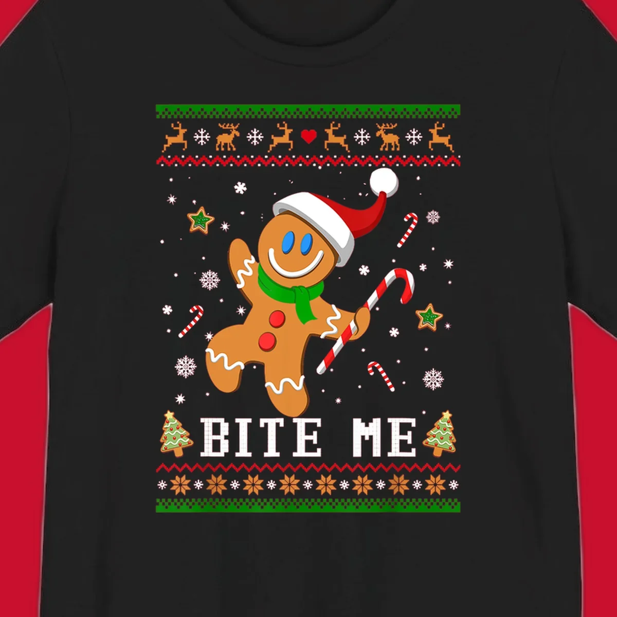 Gingerbread man with santa hat and candy cane, text 'BITE ME', Christmas holiday design.