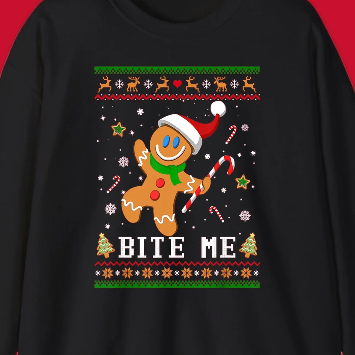 Gingerbread man with santa hat and candy cane, text 'BITE ME', Christmas holiday design.
