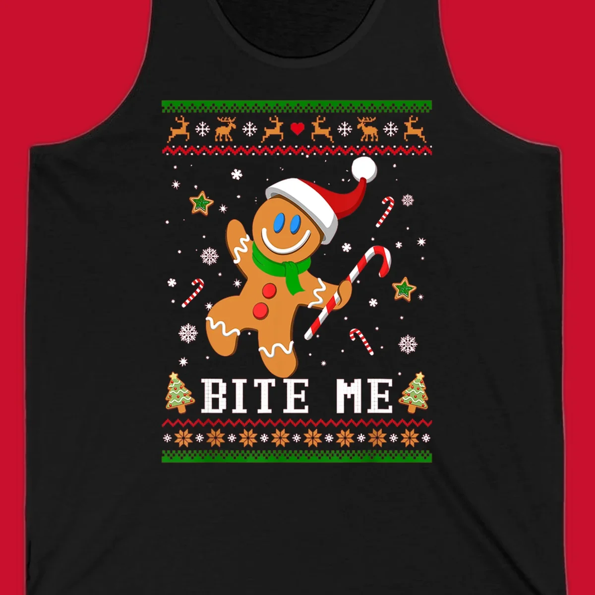 Gingerbread man with santa hat and candy cane, text 'BITE ME', Christmas holiday design.