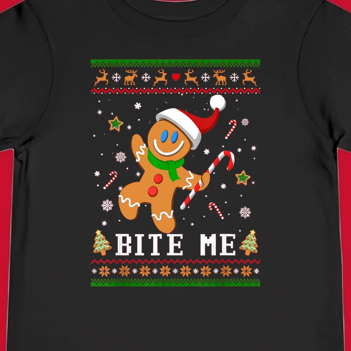 Gingerbread man with santa hat and candy cane, text 'BITE ME', Christmas holiday design.