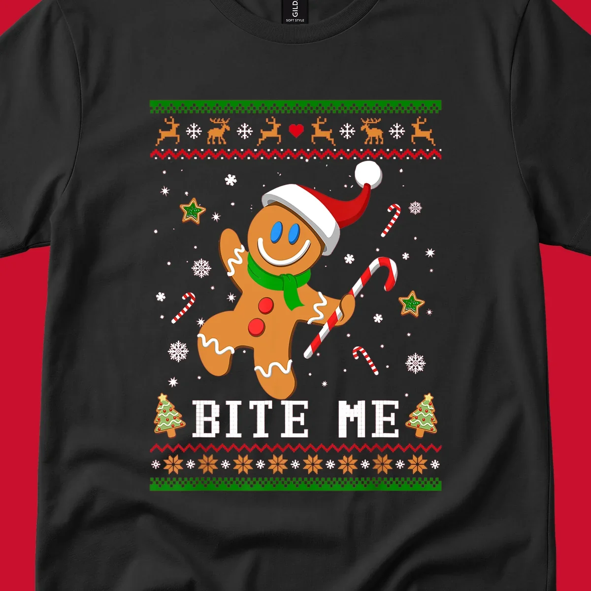 Gingerbread man with santa hat and candy cane, text 'BITE ME', Christmas holiday design.