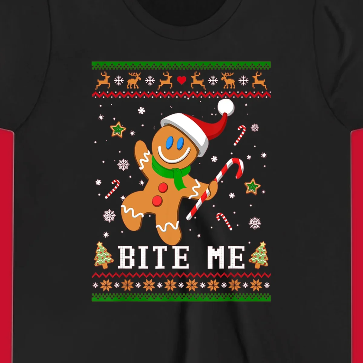 Gingerbread man with santa hat and candy cane, text 'BITE ME', Christmas holiday design.