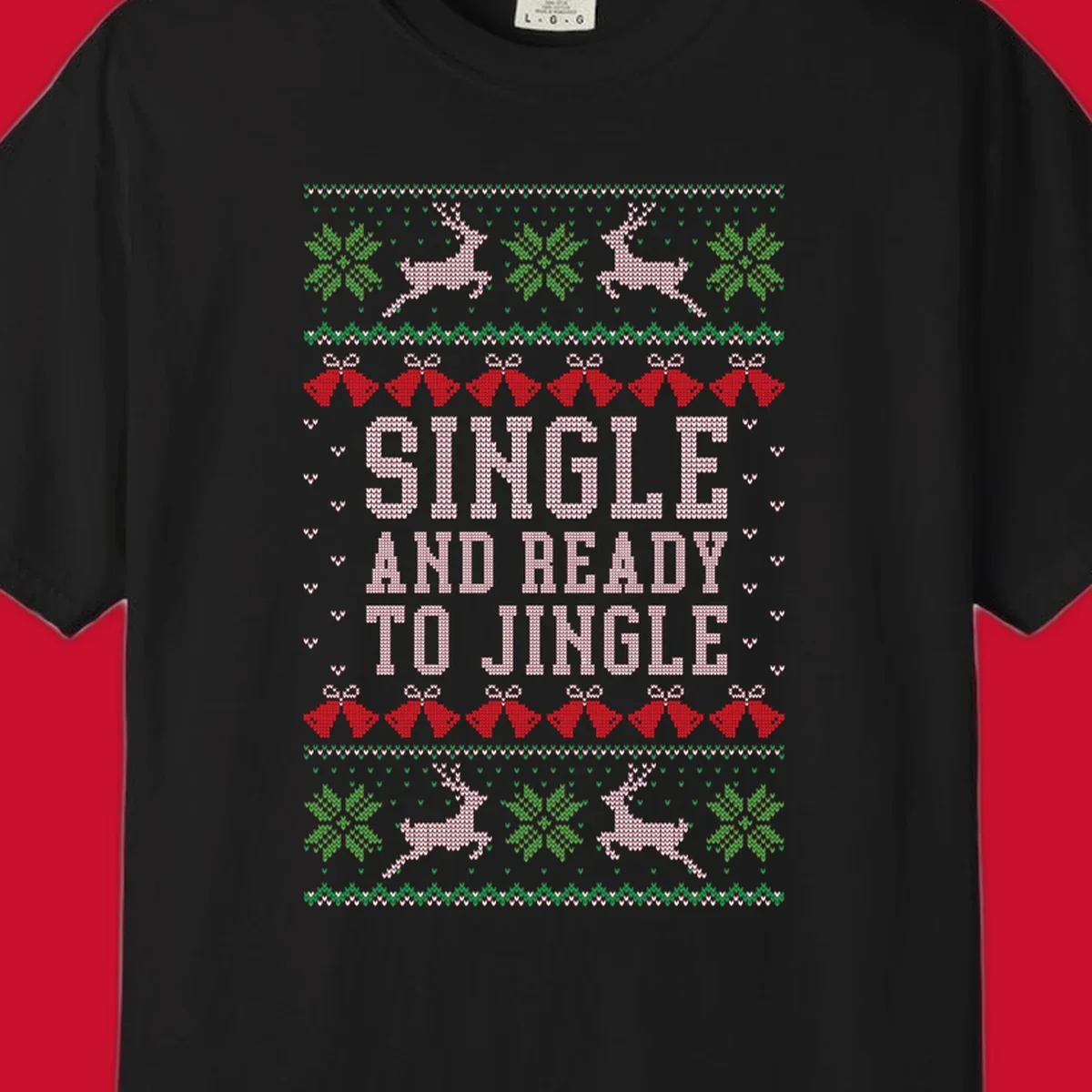 Single and ready to jingle text with reindeer and christmas elements, ugly christmas sweater design.