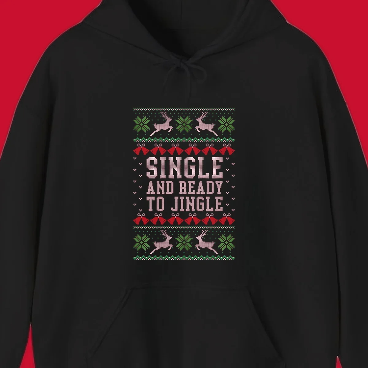 Single and ready to jingle text with reindeer and christmas elements, ugly christmas sweater design.