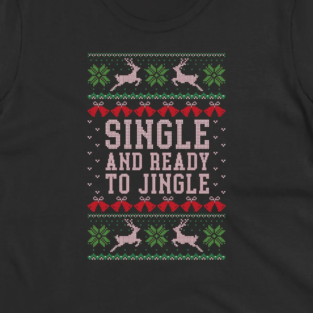 Single and ready to jingle text with reindeer and christmas elements, ugly christmas sweater design.