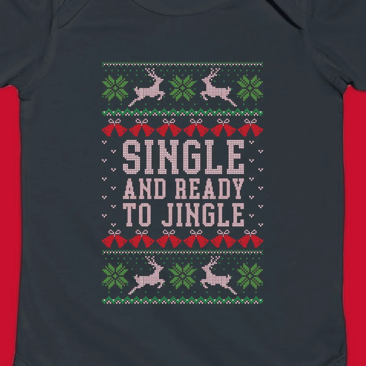 Single and ready to jingle text with reindeer and christmas elements, ugly christmas sweater design.