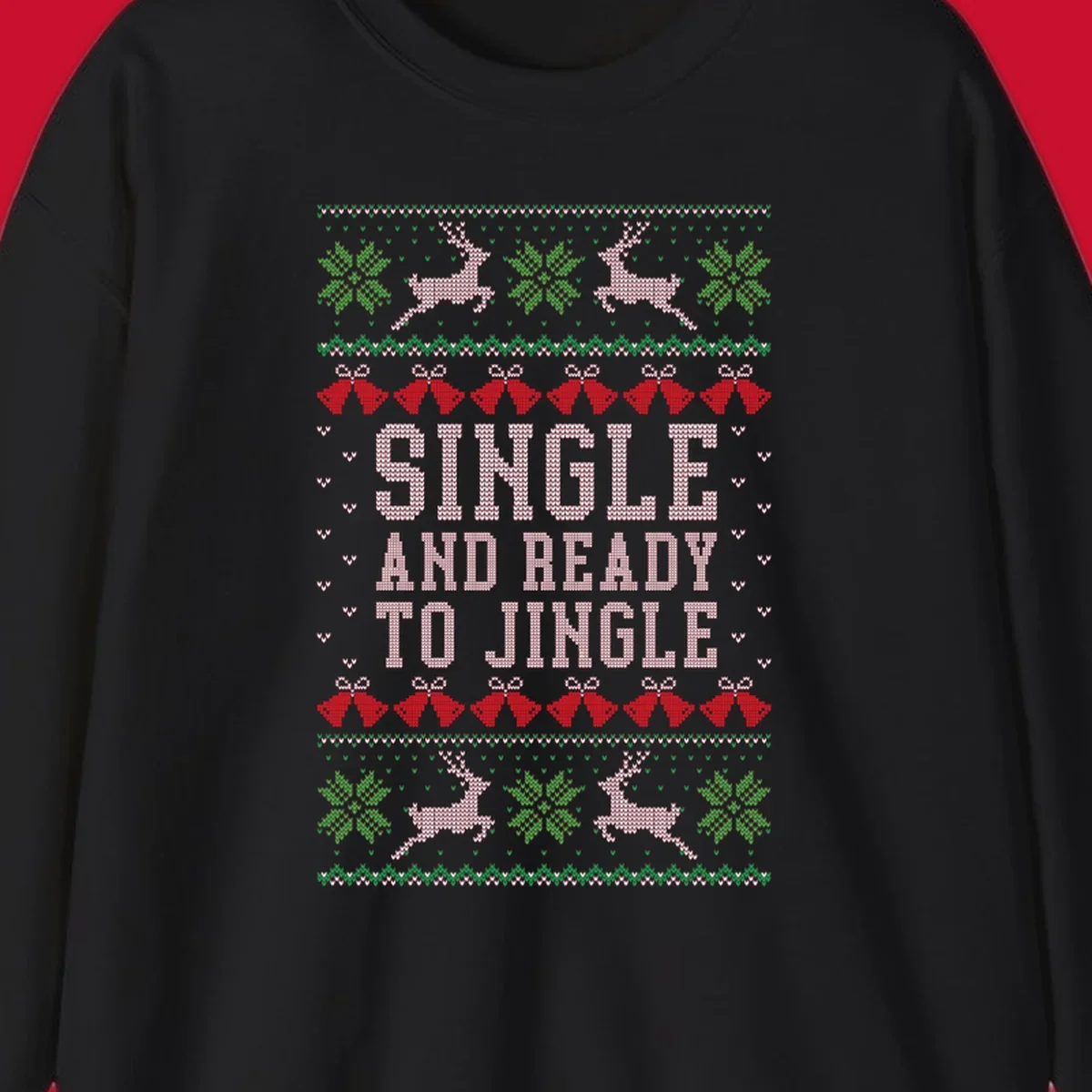 Single and ready to jingle text with reindeer and christmas elements, ugly christmas sweater design.