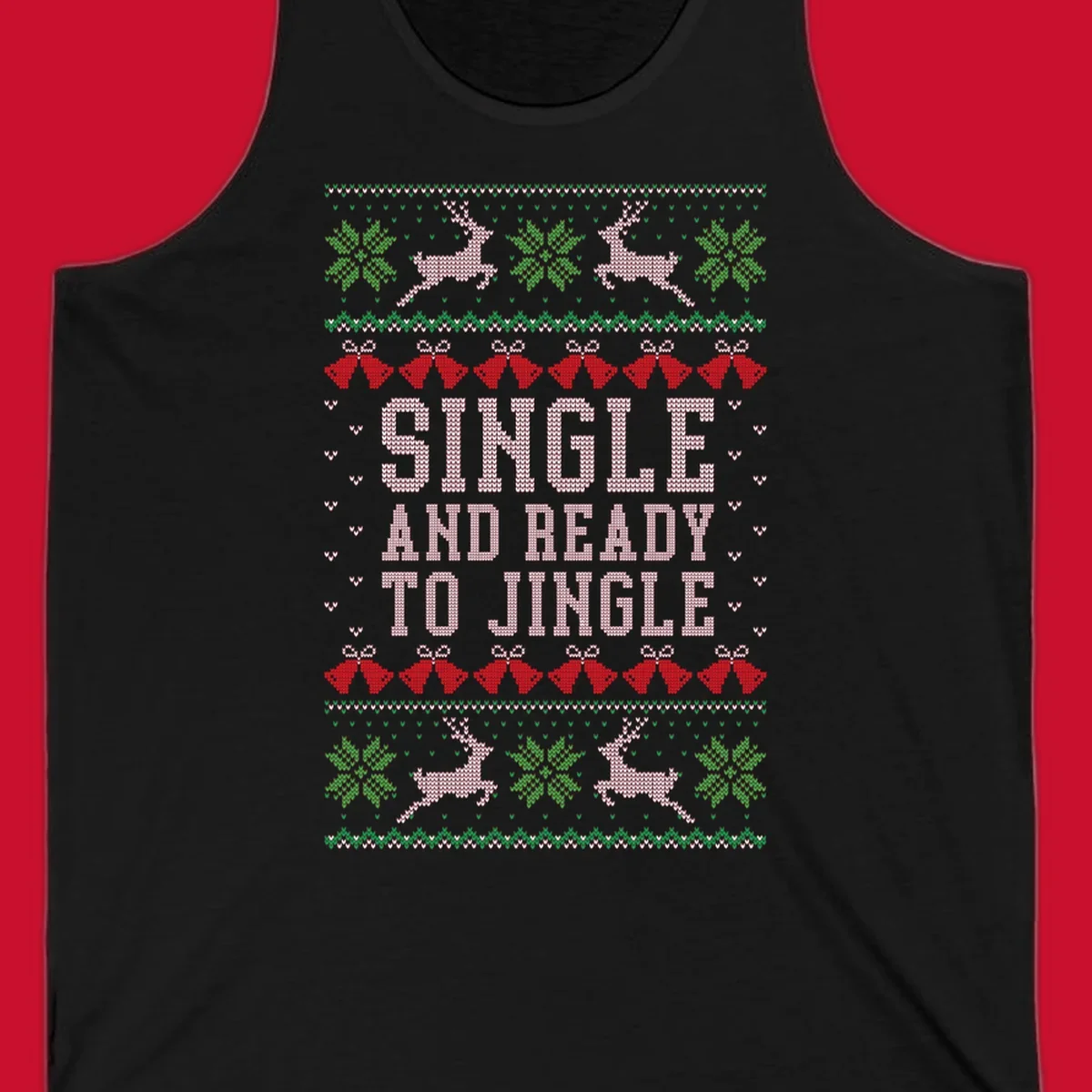 Single and ready to jingle text with reindeer and christmas elements, ugly christmas sweater design.