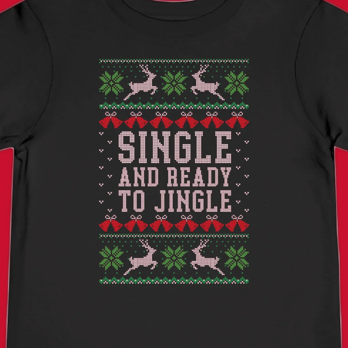 Single and ready to jingle text with reindeer and christmas elements, ugly christmas sweater design.