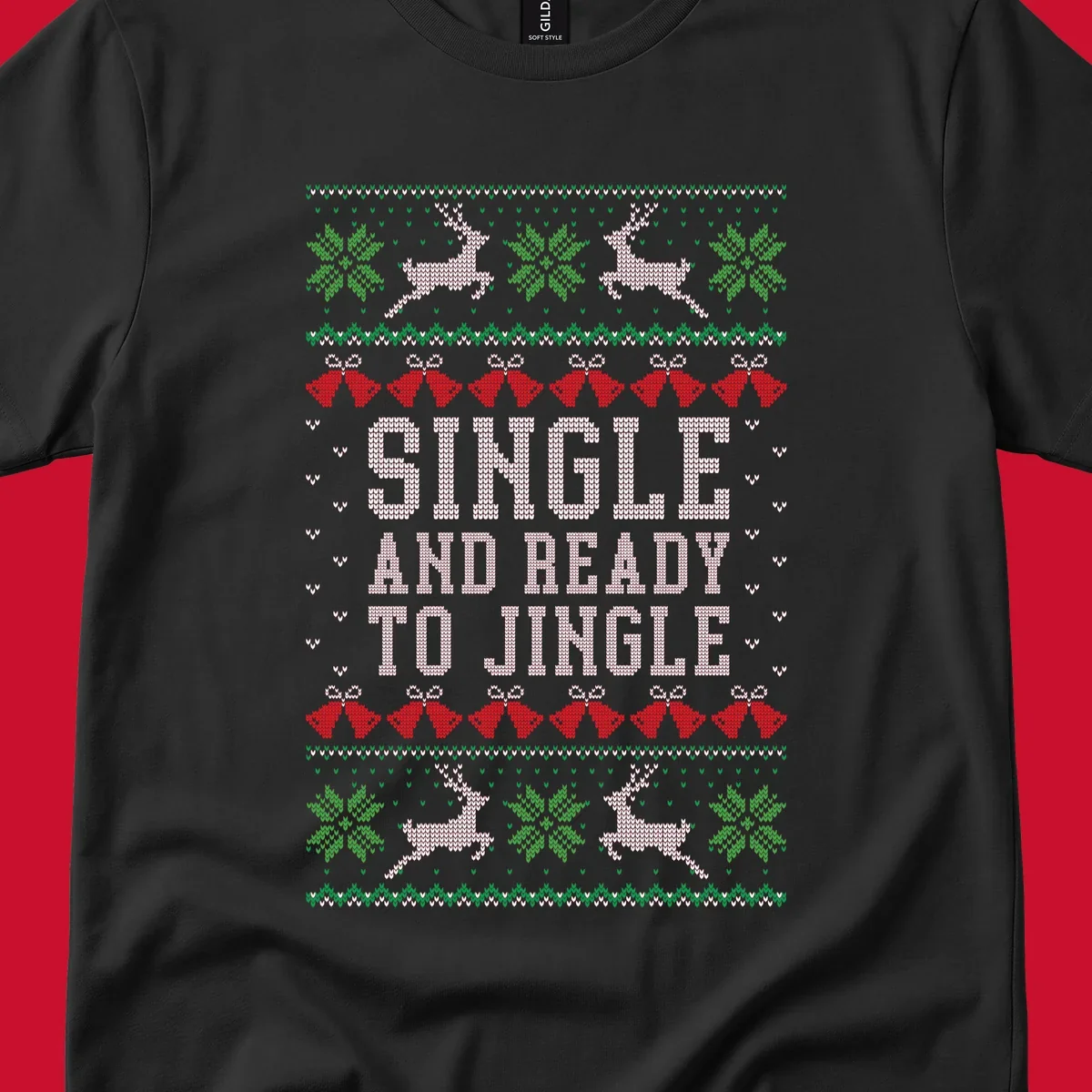 Single and ready to jingle text with reindeer and christmas elements, ugly christmas sweater design.