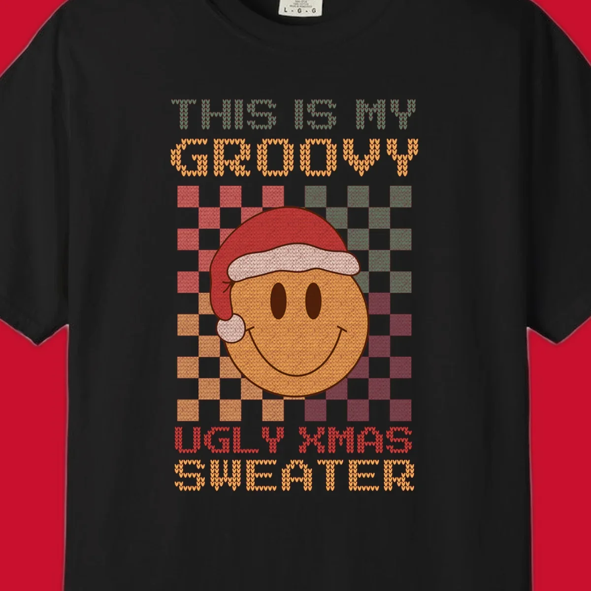 Groovy ugly Christmas sweater design with smiley face, Santa hat, and text.