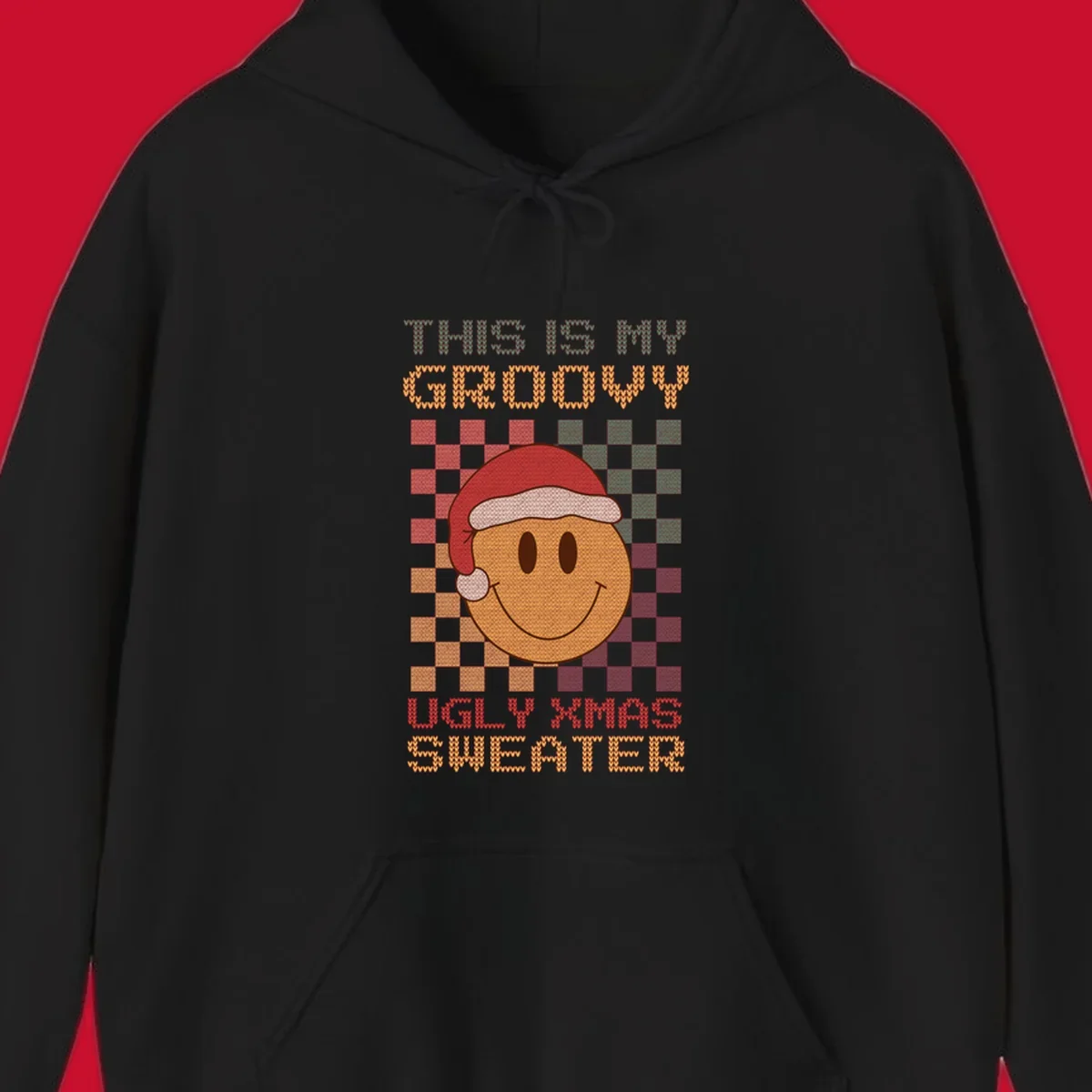 Groovy ugly Christmas sweater design with smiley face, Santa hat, and text.