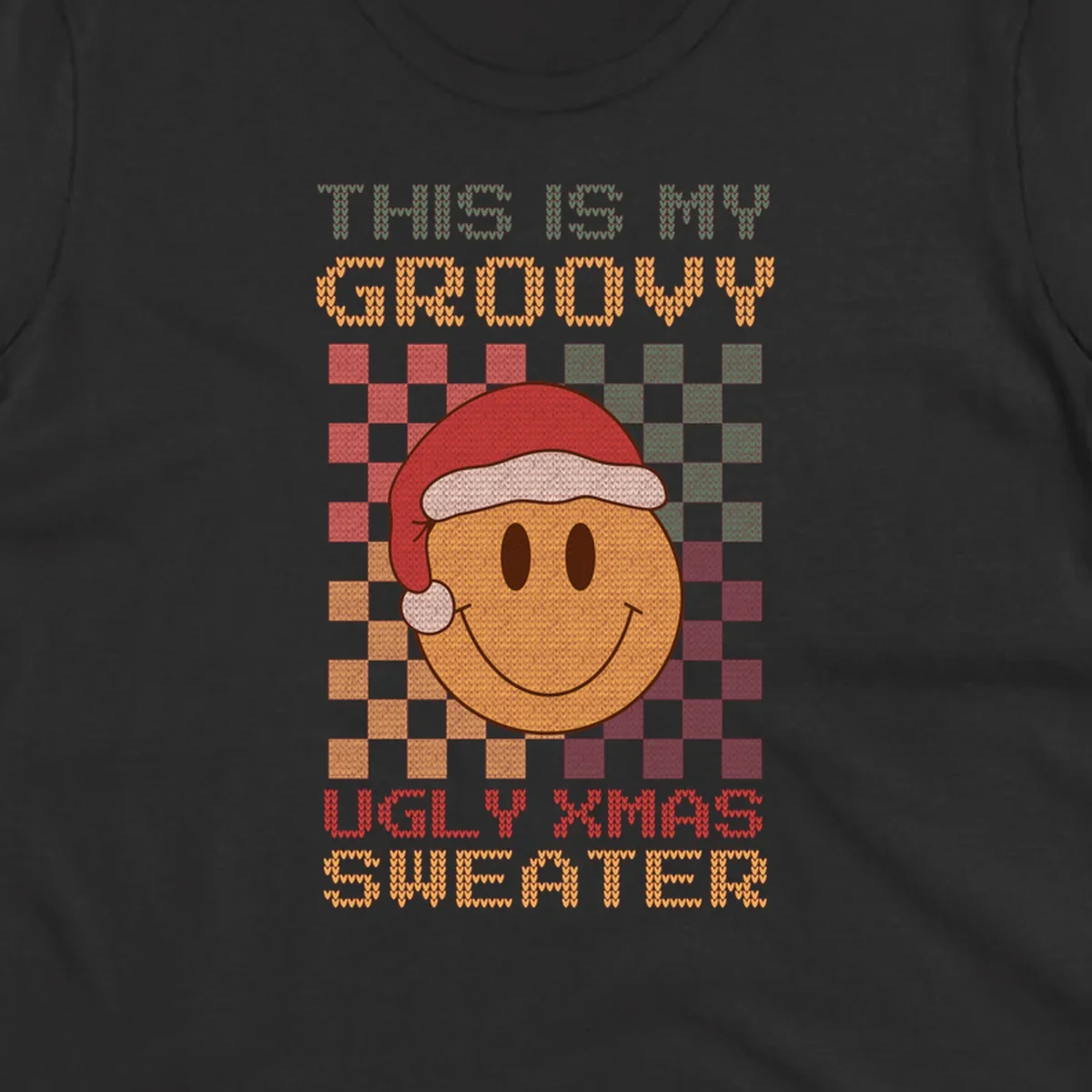 Groovy ugly Christmas sweater design with smiley face, Santa hat, and text.