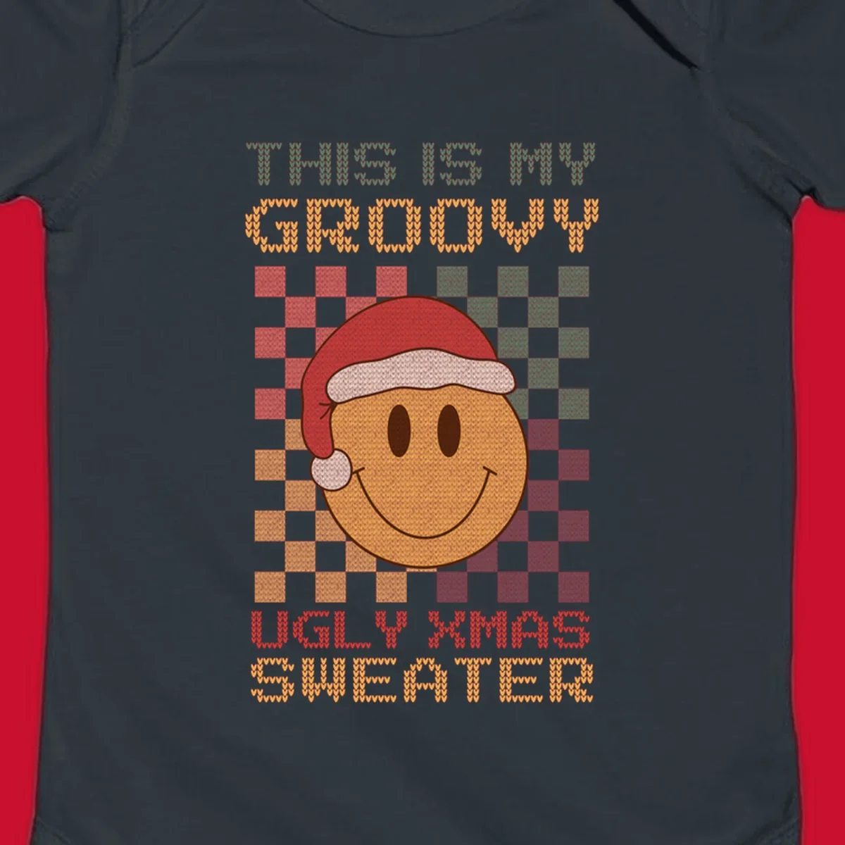 Groovy ugly Christmas sweater design with smiley face, Santa hat, and text.