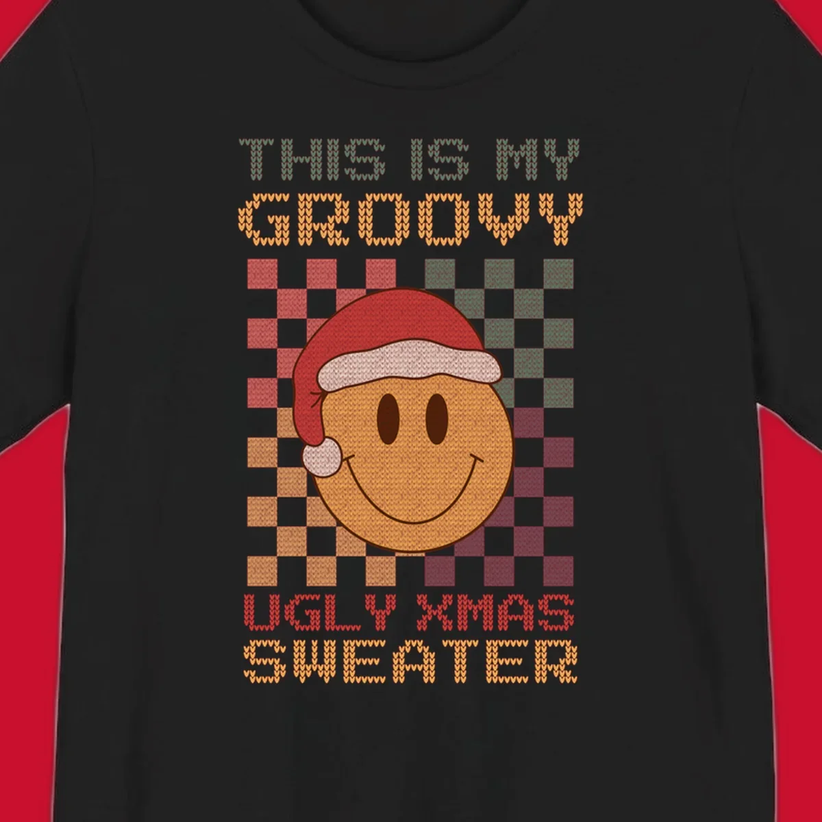 Groovy ugly Christmas sweater design with smiley face, Santa hat, and text.